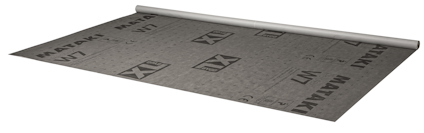 Rulle med svart vindskyddsmaterial märkt "HALOTEX WIND" och "XL-BYGG".
