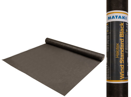 Svart vindskyddsmaterial med etikett Mataki Halotex Wind Standard Black synlig.