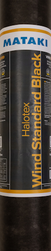 Rulle av svart vindskyddsmaterial med etikett Mataki Halotex Wind Standard Black.