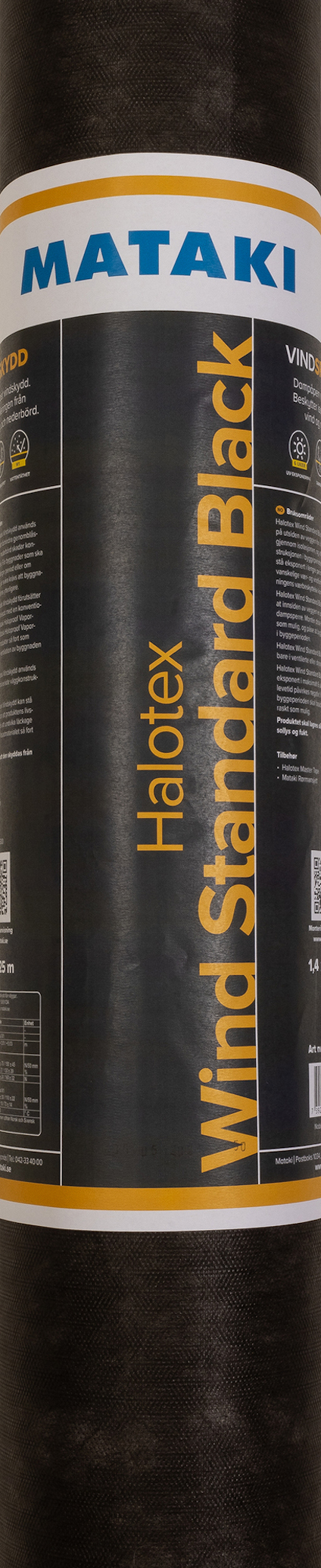 Rulle av svart vindskyddsmaterial med etikett Mataki Halotex Wind Standard Black.
