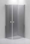 Duschvägg med gråtonat glas och polerade metallprofiler i en hörnuppställning.