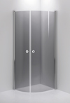 Duschenclosure with two smoke-tinted glass panels and polished metal hinges.
