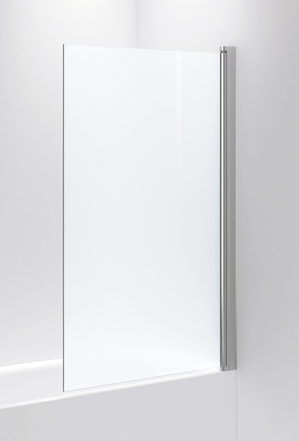 Frostat duschglas med polerad metallprofil i ett hörn av ett vitt badrum.