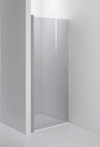 Duschvägg med rökfärgat glas och borstad metallram i ett minimalistiskt badrum.