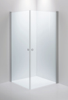 Transparent duschvägg med två gångjärnsdörrar och minimalistiska handtag, monterad i ett hörn.