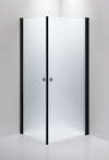 Duschvägg i frostat glas med svarta ramar och två runda handtag, placerad i ett hörn.