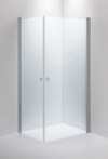 Glasduschvägg i hörnplacering med transparent glas och borstade metallprofiler.