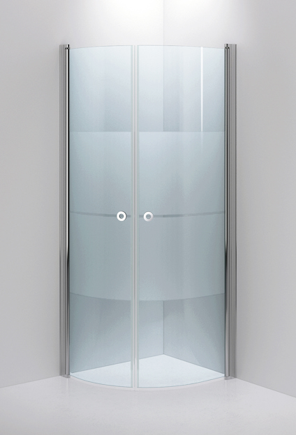 Duschvägg med rundade glasdörrar och silverfärgade profiler, monterad i ett hörn med ljusgrå väggar.