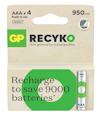 Förpackning med GP ReCyko AAA-batterier, 950mAh, 4 stycken. Texten "Recharge to save 9000 batteries" syns.