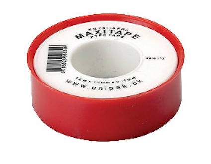 Rulle med röd gängtätningstejp, text på rullen lyder "MAXI TAPE PTFE TAPE" och www.unipak.dk.