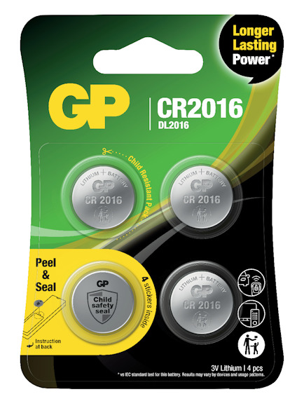Förpackning med fyra CR2016 knappcellsbatterier från GP med text "Longer Lasting Power".
