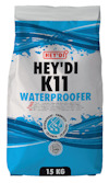Förpackning med texten "HEY'DI K11 WATERPROOFER" och "15 KG" på en blå och vit bakgrund.