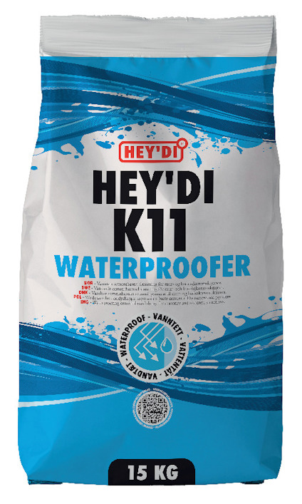 Förpackning med texten "HEY'DI K11 WATERPROOFER" och "15 KG" på en blå och vit bakgrund.