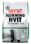 Förpackning med texten "Hey'di Slemming Hvit Slamma Vit 5 kg" och en bild av en borste.