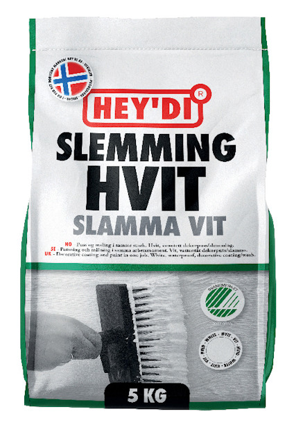 Förpackning med texten "Hey'di Slemming Hvit Slamma Vit 5 kg" och en bild av en borste.