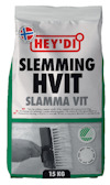 Förpackning med texten "HEY'DI SLEMMING HVIT SLAMMA VIT 15 KG" och en bild av en borste.