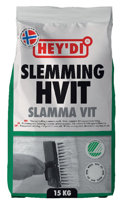 Förpackning med texten "HEY'DI SLEMMING HVIT SLAMMA VIT 15 KG" och en bild av en borste.