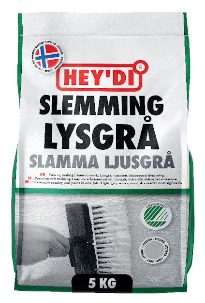 Påsen visar "HEY'DI Slemming Ljusgrå 5 kg" med en illustration av en hand som applicerar materialet med en borste.