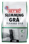 Påse med texten "Hey'di Slemming Grå Slamma Grå 5 kg," med bild av en hand som håller en borste.