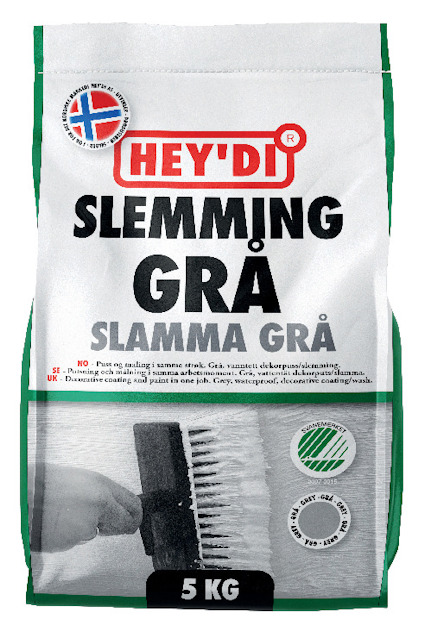 Påse med texten "Hey'di Slemming Grå Slamma Grå 5 kg," med bild av en hand som håller en borste.