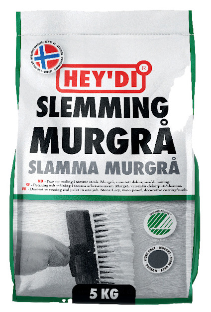 Förpackning av Hey'di Slemming Murgrå Slamma Murgrå, 5 kg med illustration av en hand som håller en borste.