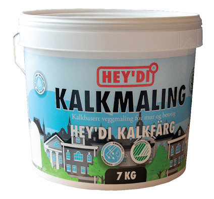 Plastburk med etikett med texten "HEY'DI KALKFÄRG KALKMALING 7 KG" och illustration av byggnader.