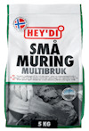 Förpackning med texten "HEY'DI SMÅ MURING MULTIBRUK", med norsk flagga och viktangivelse "5 KG".