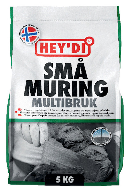 Förpackning med texten "HEY'DI SMÅ MURING MULTIBRUK", med norsk flagga och viktangivelse "5 KG".