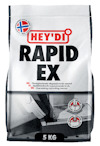 Förpackning med texten "HEY'DI RAPID EX 5 KG", norrmanmärkt; avsedd för snabbtorkande expandermassa.