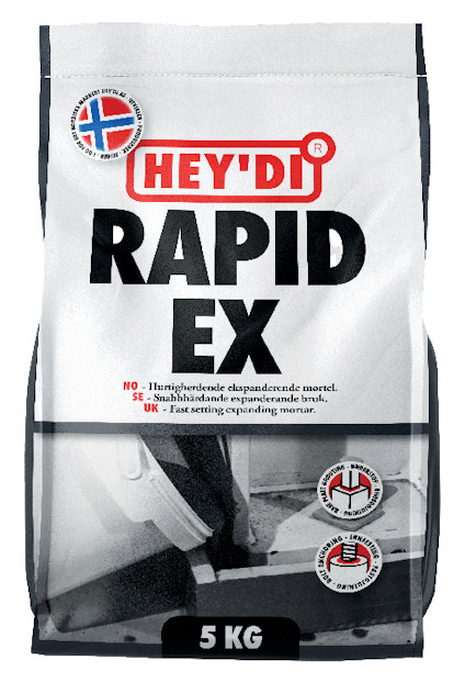 Förpackning med texten "HEY'DI RAPID EX 5 KG", norrmanmärkt; avsedd för snabbtorkande expandermassa.