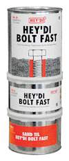 Tre burkar staplade på varandra med etiketter för Hey'di Bolt Fast och en illustration av en skruv.
