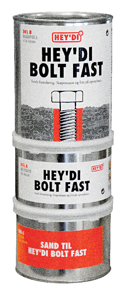 Tre burkar staplade på varandra med etiketter för Hey'di Bolt Fast och en illustration av en skruv.
