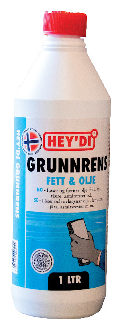 Flaska med etiketten "HEY'DI GRUNNRENS FETT & OLJE" och en röd kork.