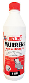 Vit flaska med rött lock och etiketten "HEY'DI MURRENS KALK & SALUTSLAG".