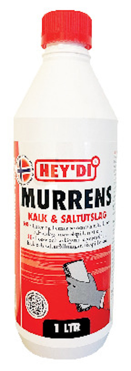 Vit flaska med rött lock och etiketten "HEY'DI MURRENS KALK & SALUTSLAG".