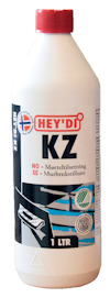 Vit flaska med röd kork, märkt "HEY'DI KZ". Text på etiketten anger "NO: Mørteltilsetning SE: Murbrukstilsetts". Volym anges som "1 LTR".