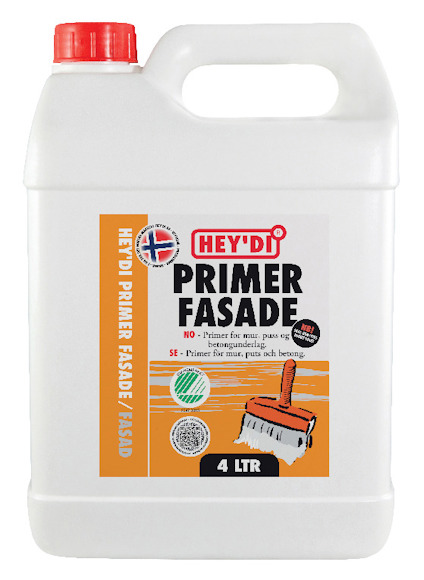 Vit plastbehållare med röd kork och etikett som visar texten "HEY'DI PRIMER FASADE" och information om användning.