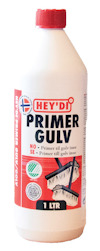 Vit plastflaska med röd kork och etikett med texten "HEY'DI PRIMER GULV 1 LTR".