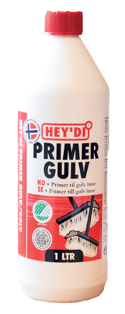 Vit plastflaska med röd kork och etikett med texten "HEY'DI PRIMER GULV 1 LTR".