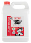 Vit plastdunk med rött lock, etikett med texten "HEY'DI PRIMER GULV 4 LTR", bilder av borstar och flaggor.