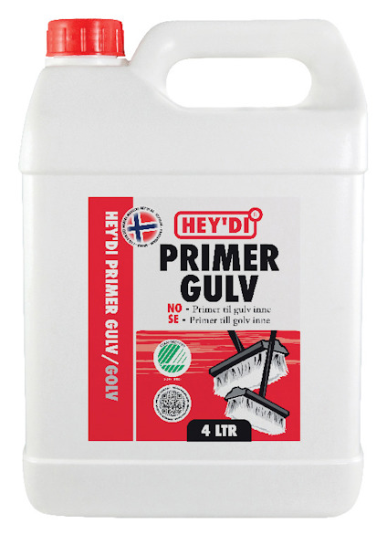 Vit plastdunk med rött lock, etikett med texten "HEY'DI PRIMER GULV 4 LTR", bilder av borstar och flaggor.