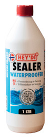 Flaska med texten "HEY'DI SEALER WATERPROOFER" och information på etiketten.