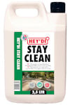Plastbehållare med texten "HEY'DI STAY CLEAN" och etikett som visar användningsområden.