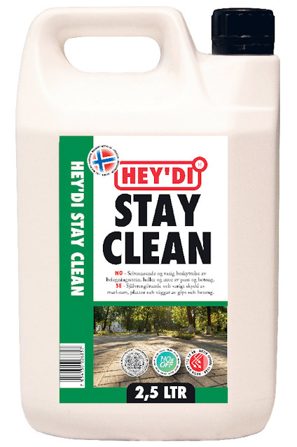 Plastbehållare med texten "HEY'DI STAY CLEAN" och etikett som visar användningsområden.
