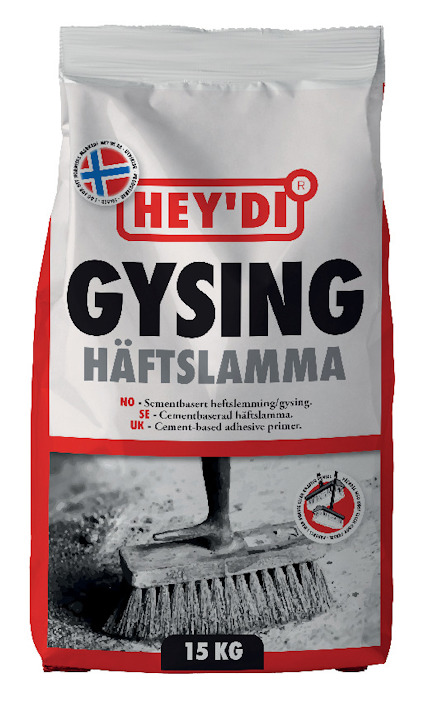 Förpackning av Hey'di Gysing Häftslamma 15 kg med illustration av borste som sprider grå massa på marken.