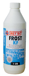 Vit flaska med röd- och blåfärgad etikett märkt "Hey'di Frost KF". Text på norska och svenska samt grafiska snöflingor.