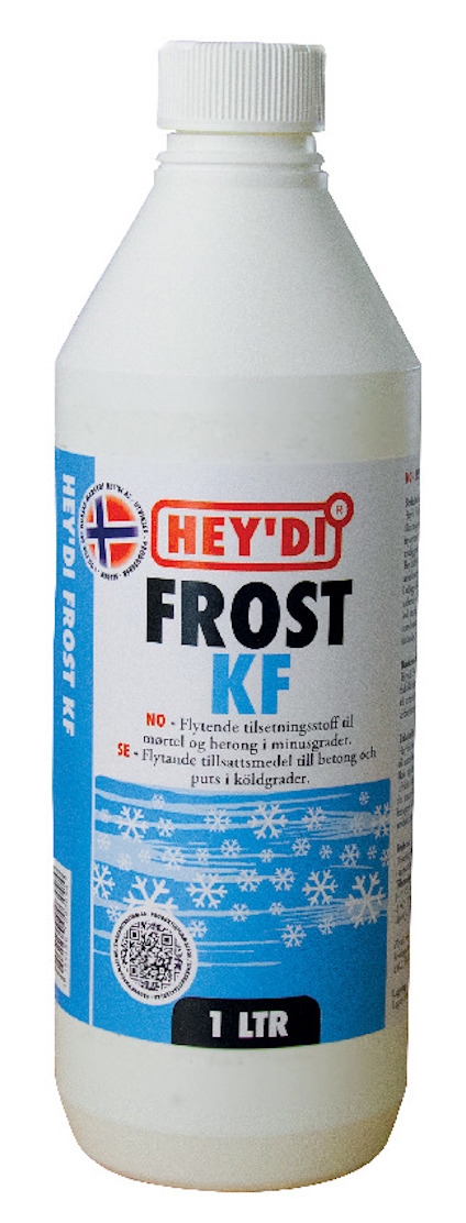 Vit flaska med röd- och blåfärgad etikett märkt "Hey'di Frost KF". Text på norska och svenska samt grafiska snöflingor.