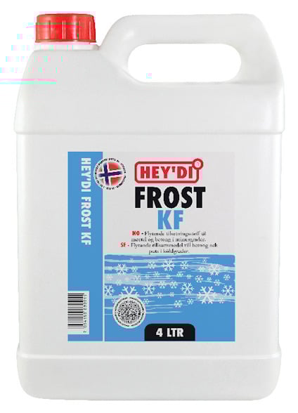 Plastdunk med röd skruvkork och etikett med texten "HEY’DI FROST KF 4 LTR". Snöflingemotiv och norska flaggan syns.