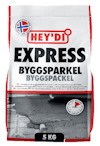 Påsen har texten "Hey'di Express byggsparkel" och en illustration av grått byggspackel.