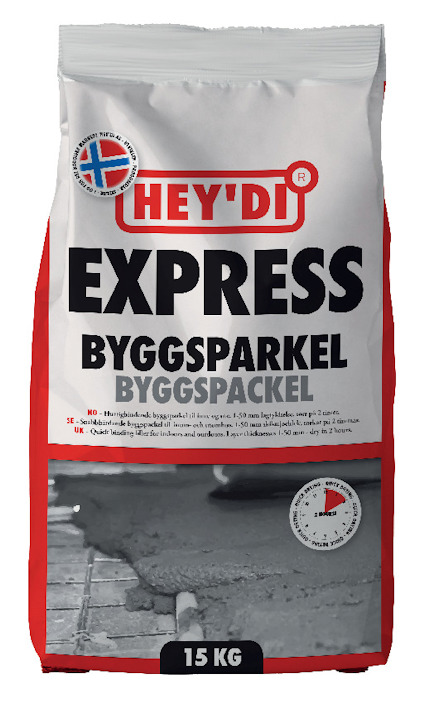 Förpackning med texten "HEY'DI EXPRESS BYGGSPARKEL BYGGSPACKEL" och viktangivelse "15 KG".